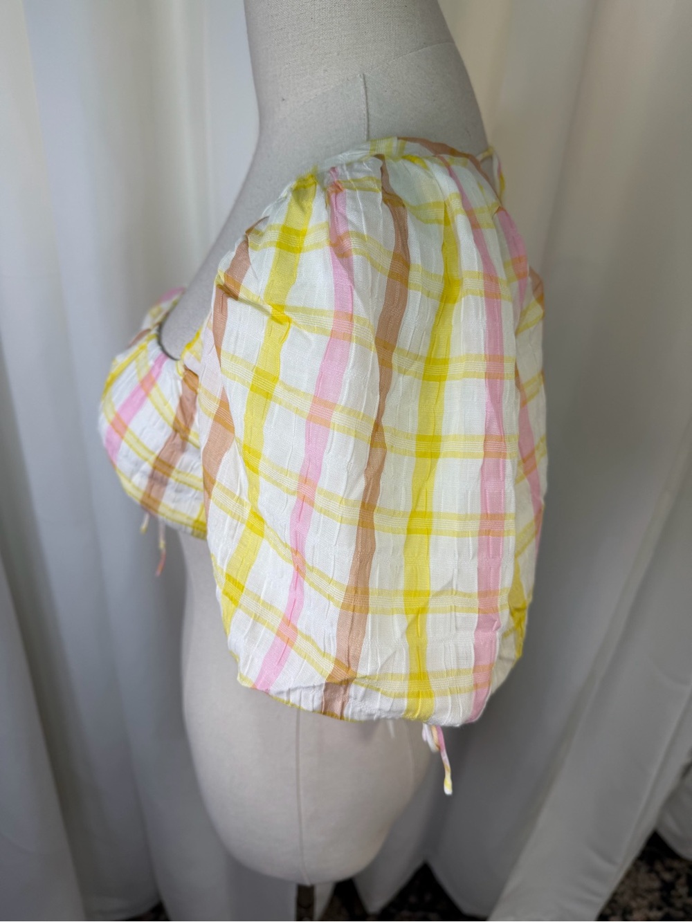 NWT For Love & Lemons ‘Rue’ Puff Sleeve Crop Top in Yellow & White Plaid Size S - Picture 7 of 16